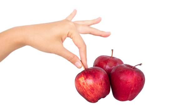 hand gesture picking up an apple with a white isolated background