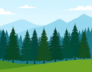 Fototapeta premium An illustration of a forest with green trees and mountains