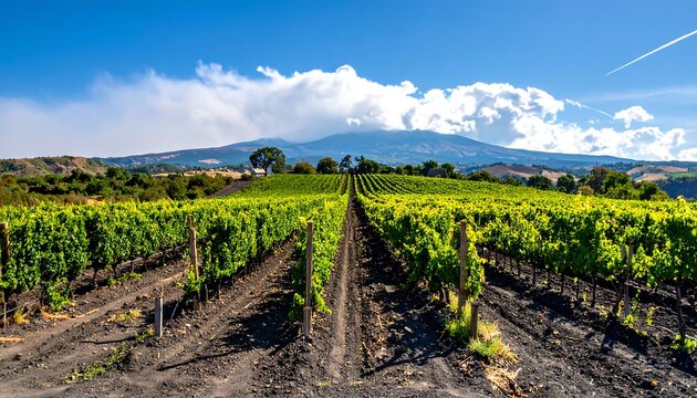 Lush rows of grapevines under a dramatic, cloud-dusted mountain backdrop