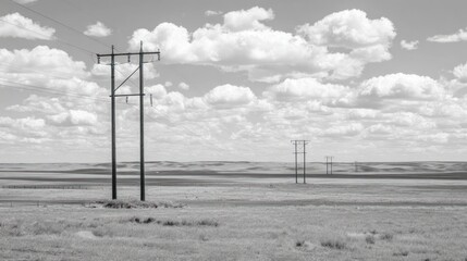 Power lines crossing a vast, grassy, and undulating rural landscape in grayscale