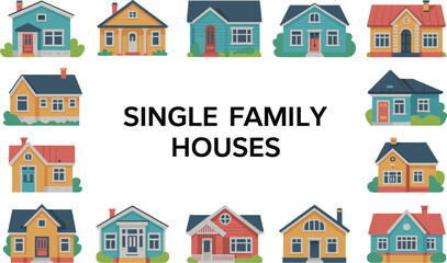 Colorful single family houses vector illustration set, charming suburban homes, cozy residential buildings, cute neighborhood, isolated design, flat style icons