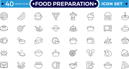 Food preparation outline icon set. Vector illustration containing kitchen utensils, cookware, cooking tools, cutlery, meal prep, chef equipment, and dining elements. Editable stroke outline icon. 