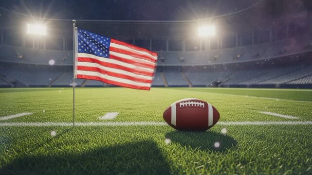 american football ball and american flag on grass  at stadium  - Powered by Adobe