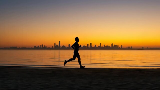 Silhouette of a man running on a beach at sunrise with city skyline