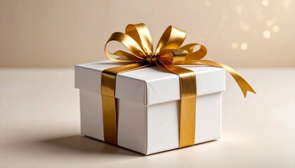 Obraz premium Gift Box with Gold Ribbon on Cream Surface