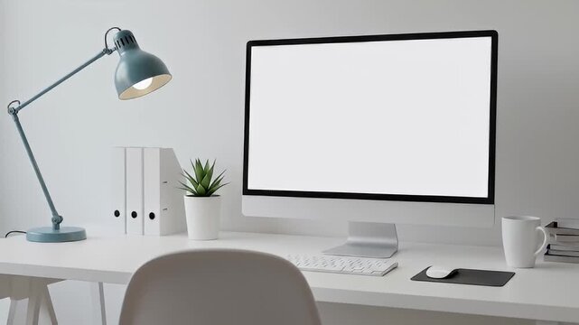 Minimalist desk setup with blank computer screen, lamp, plant, folders, mug, and chair