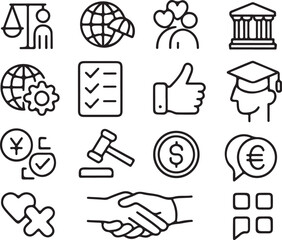 Justice Law Finance Education Cooperation Legal Aid Icons Symbols Signs Set