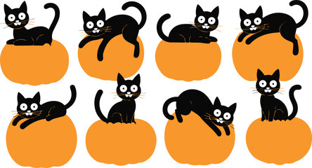 Black cats sitting on pumpkins with seamless grid pattern