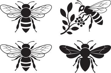 Obraz premium Bee Silhouette Collection with Floral on Seamless Grid Pattern