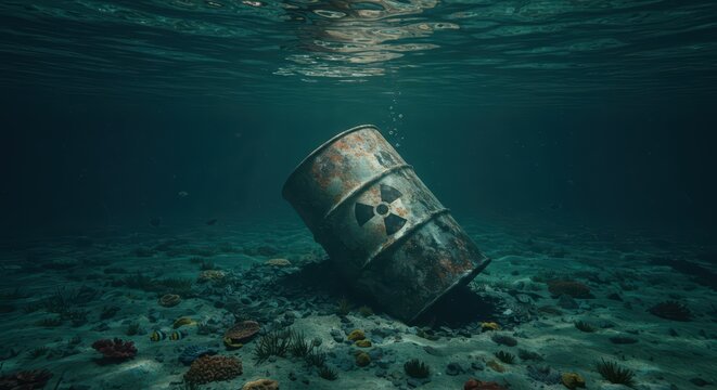 Rusty barrel with radiation on ocean floor, concept of environmental water pollution and toxic radioactive waste. Background for World Water Day, eco campaigns, and environmental awareness	
