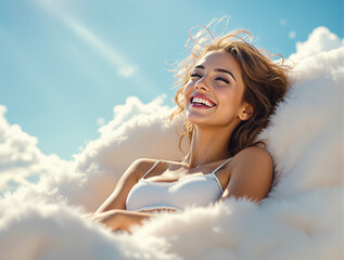 Young woman sleeping peacefully on fluffy cloud-shaped blanket, concept of soft comfort, relaxation, and serene sleep indoors.