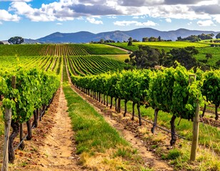 Fototapeta premium Lush vineyard rows stretching towards rolling hills under a blue sky