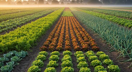 Stunning rows of vibrant lettuce and crops bathed in golden morning light, envisioning fresh organic produce for farm-to-table restaurants and healthy lifestyle promotions
