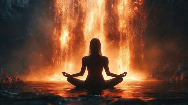 Silhouette of a person meditating in lotus pose by a glowing fiery waterfall inside a dark cave, radiating calm and intense energy