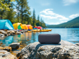 Bluetooth speaker on picnic table during sunset camping, people relaxing by bonfire enjoying outdoor music and leisure time together.