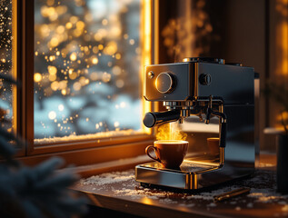 Espresso coffee machine brewing hot drink near frosty window with snow and warm sunlight, cozy winter home lifestyle scene.