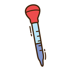Hand drawn illustration of a science dropper with red top and blue liquid isolated on transparent background simple line art doodle style