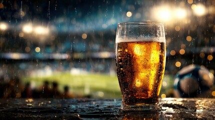 Frothy amber ale enjoyed during a rainy outdoor sporting event.