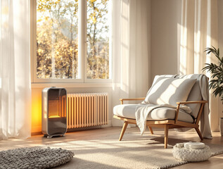 Small electric heater on cozy floor near blanket and vase, golden sunlight through window creating warm comfortable winter mood.