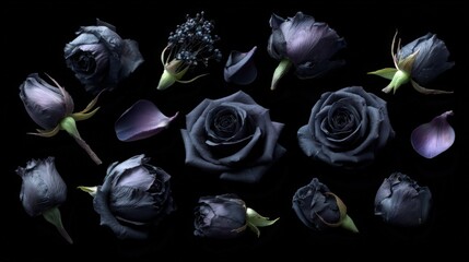 Displaying a collection of dark-colored roses and floral elements, this image presents a striking arrangement against a black background, highlighting the delicate textures and forms with dramatic...