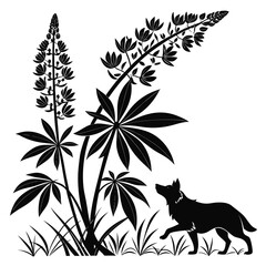 Silhouette of a wolf among lupine flowers at night