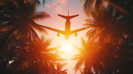 Airplane flying above tropical palm trees at sunset sky, travel vacation concept