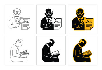 Man Analyzing Stock Data And Reading A Book Illustration Set In Various Styles