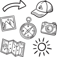 Set of Doodle Travel Elements Compass Camera Map Sun Arrow Cap