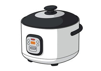 Electric Rice Cooker with Black Lid and Control Panel Illustration.