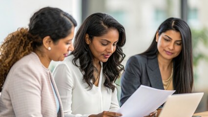 Professional Indian women reviewing contracts &mdash; teamwork and creative collaboration in workplace setting