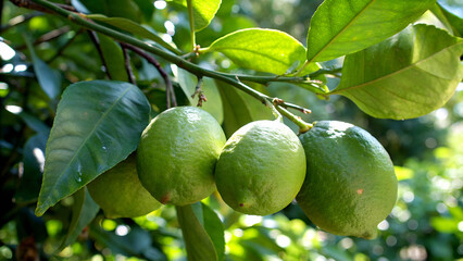 Green Lemon hanging on tree branch in garden, Green Lemons on tree in natural warm sunlight background
