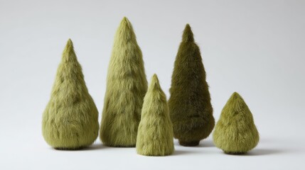 Five stylized, furry, olive-green conical shapes arranged together in a minimalist style against a clean, neutral background, creating a visually interesting and textured composition.