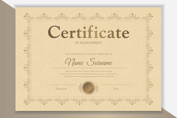 Vintage beige certificate template with elegant ornate frame. Suitable for awards, diplomas, and recognition. Vector.