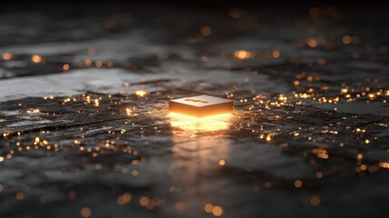 Glowing geometric cube element emits a warm, golden light, illuminating a textured, dark surface adorned with scattered, blurred light particles, creating a futuristic and abstract visual.