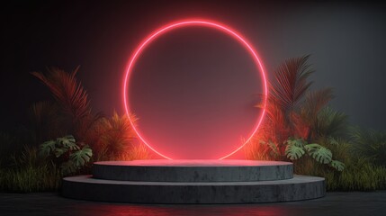 Dramatic  setting featuring a neon red circular light frame accentuating a concrete platform amidst lush green foliage and soft, diffused lighting, creating an alluring and futuristic presentation...