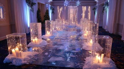 Elaborate indoor scene showcases a pathway illuminated with candles encased in clear rectangular structures and artificial snow; decorative lights and sheer curtains contribute to the tranquil...