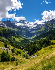 Fototapeta premium Lush valley with mountains, glacier, and bright blue sky