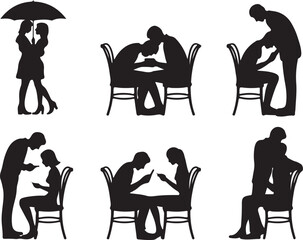 Fototapeta premium Silhouette Couple Relationships Set on Checkered Pattern