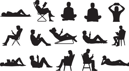 Silhouette People Reading Relaxing Set on Checkered Pattern