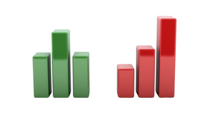 A comparison of green and red bar graphs showing contrasting trends  on transparent background