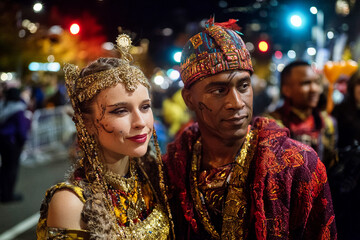 Elegant couple in luxurious Halloween costumes standing under vibrant city lights during night parade
