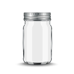 Empty glass jar with metal lid isolated on white background, realistic 3D vector illustration for food storage, packaging, template and branding design