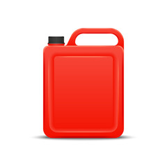 Red plastic canister 3d mockup design with black cap isolated on white background side view, realistic vector model jerry can for fuel, oil, chemical or household liquid storage, packaging, branding.