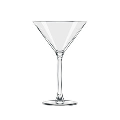 Realistic transparent empty martini cocktail glass vector 3d mockup isolated on white background front view, elegant alcohol stemware design for bar menu, beverage for party celebration.