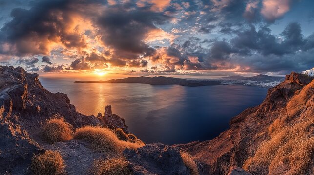 Breathtaking sunrise panorama of santorini island in greece with dramatic colorful sky and whitewashed cliffside houses overlooking the aegean sea