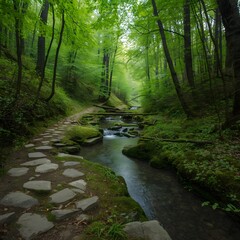 Obraz premium Peaceful forest stream flowing beside a stone path under lush green trees, tranquil woodland scenery with moss-covered rocks, calm nature landscape ideal for meditation, hiking, or serene background d