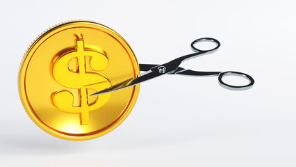 3D rendering of golden coin with scissors cutting money, price or cost  reduction, Sale and discount symbol design