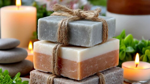 Stacked artisan soaps, candles, stones