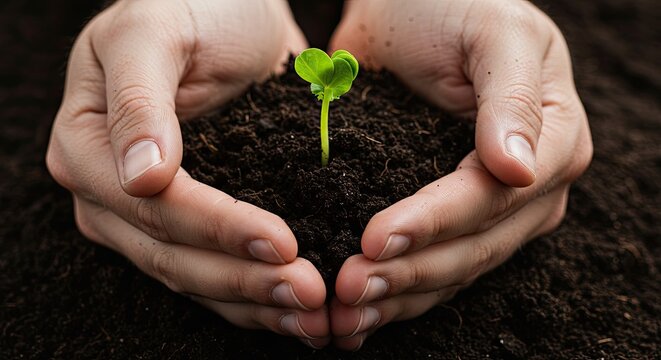 Protecting new life with care hands holding a sprouting plant in rich soil representing hope and growth for a sustainable future and environmental responsibility