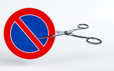 3D rendering of scissors cutting the prohibition mark on white background, Oppose, resist, protest concept